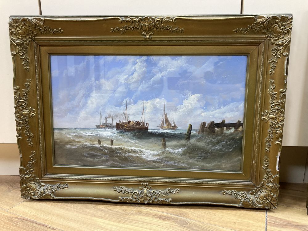 English School (19th century), fishing boats in choppy seas off the coast and companion piece, 32 x 47cm & 29.5 x 49.5cm